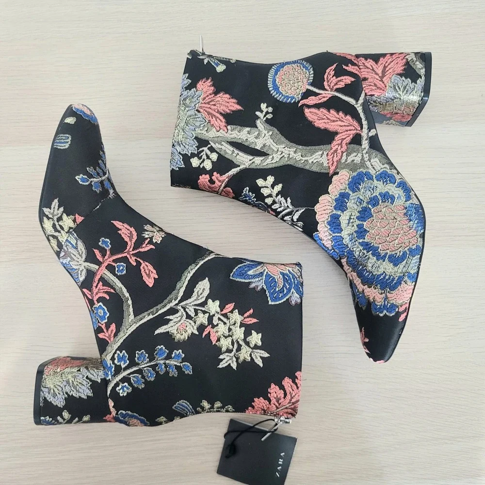 Zara Floral Jacquard Ankle Boots Black Blue Red Satin Statement Booties Heels 8